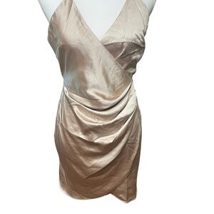 By Blush - Shimmering Cream Colored Ruched Wrap Midi Dress, NWT, Size Large